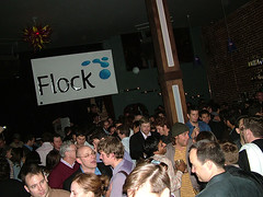 One of the photos from the default photo set offered when you launch the Flckr topbar was from Flock's launch party, which I got to serendipitously attend during Web 2.0.  I'm barely visible under the "F" of the Flock sign and a few more pixels to the left.